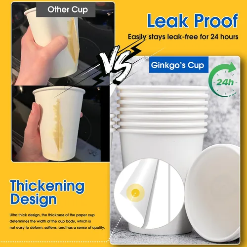 Vista 2 de Ginkgo 200 tazas de café desechables de 12 onzas a prueba de fugas, tazas de papel espesadas de papel blanco caliente tazas de café caliente