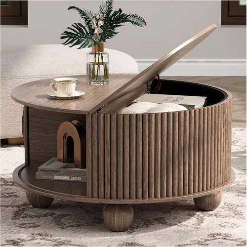 Vista 20 de JOINICE Mesa auxiliar ovalada de 42.5 pulgadas con almacenamiento, moderna mesa central negra con diseño estriado, patas de madera maciza