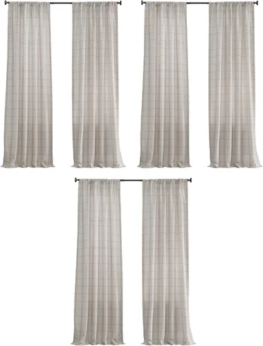 Vista 8 de No. 918 Castille Farmhouse Plaid Linen Semi-Sheer Rod Pocket Curtain Panel, 54" x 63", Blue/Linen