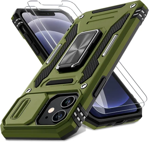 Vista 16 de DEERLAMN Funda para iPhone 12/12 Pro con cubierta deslizante para cámara + protector de pantalla (2 unidades), soporte de anillo giratorio de grado