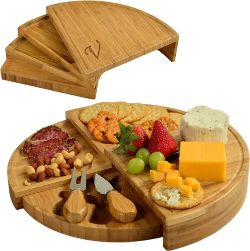 Vista 27 de Tabla Picnic at Ascot de bambú, para aperitivos, con herramientas para queso, espirales de una cuña compacta de 13 pulgadas de diámetro, patentado