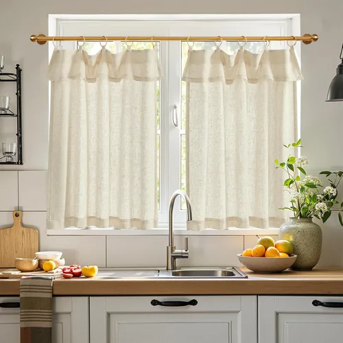 Vista 22 de Jinchan - Cortinas de cocina de lino rústico beige con bolsillo para barra, 26 x 36 pulgadas, 2 paneles