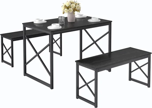 Vista 7 de VECELO Juego de Mesa de Comedor de Cocina con Bancos para 4, Mesa de Comedor de Madera de 43.3" con 2 Bancos, Mesa de Comedor de Alta Resistencia