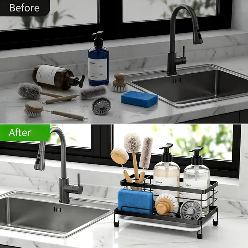 Vista 5 de Cisily Soporte Grande de Esponja Negra para Cocina, Caddy de Fregadero Estante Organizador de Fregadero para Accesorios de Cocina con Bandeja