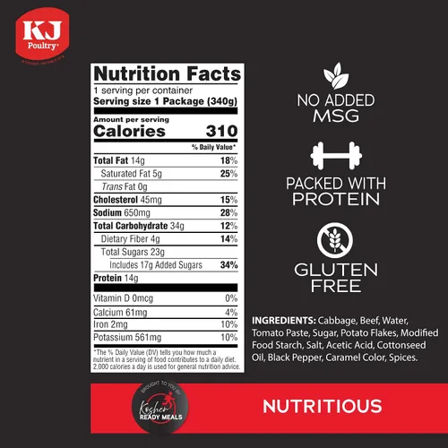 Vista 2 de KJ Poultry Kosher para comidas sin gluten, rollos de repollo relleno de carne de res en salsa (paquete de 1) entrada preparada completamente cocida