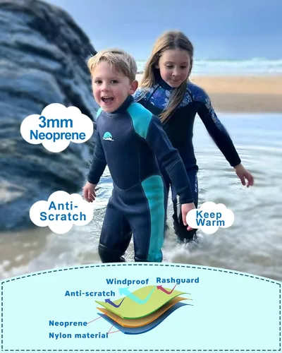 Vista 2 de XUKER Traje de neopreno para niños y niñas, 0.118 in, con cremallera trasera, de neopreno, térmico, de cuerpo completo, para jóvenes, adolescentes
