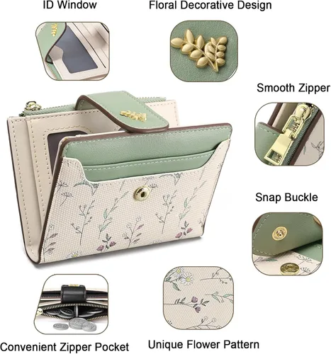 Vista 4 de Billeteras pequeñas para mujer, de cuero, plegable, con cremallera, con bolsillo con cremallera, lindo soporte para tarjetas de crédito, monedero