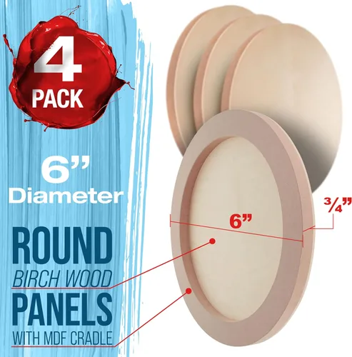 Vista 2 de U.S. Art Supply Paneles redondos de madera de abedul de 6 pulgadas sin terminar para pintura, lienzo de madera, paquete de 4 unidades de 3/4