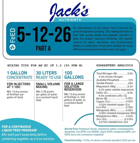 Vista 2 de Jack's Nutrients 5-12-26 Fertilizante profesional hidropónico Parte A, 25lb