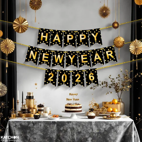 Vista 6 de KatchOn, Banner de Feliz Año Nuevo 2026 - Sin bricolaje, 10 pies Telón de fondo de Feliz Año Nuevo para suministros de fiesta de Nochevieja