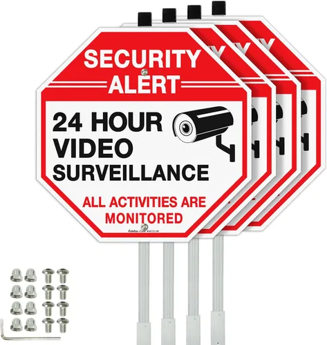 Vista 8 de Faittoo Letrero de seguridad para videovigilancia con estaca de 36 pulgadas para exterior, aluminio pesado libre de óxido, reflectante, resistente a