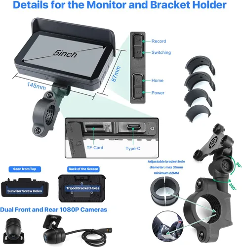 Vista 9 de DVR de motocicleta: Apple Carplay inalámbrico, Android Auto, TPMS, cámaras Dual HD 1080P, GPS, sensor G, Siri y Google Voice, pantalla táctil IPS