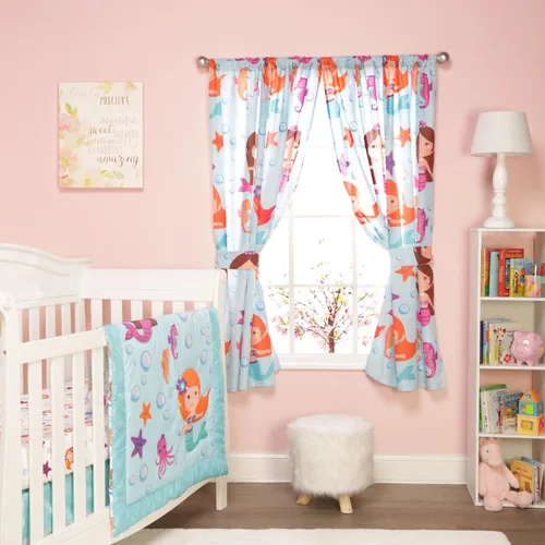 Vista 3 de Cortinas de sirena para dormitorio de niñas con caballitos de mar y estrella de mar; 4 cortinas temáticas de sirena para niños con 2 paneles de 82 x