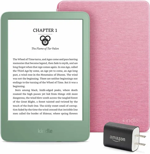 Vista 2 de Paquete Kindle Essentials, que incluye Kindle (versión 2024) negro, funda de tela (negra) y adaptador de corriente