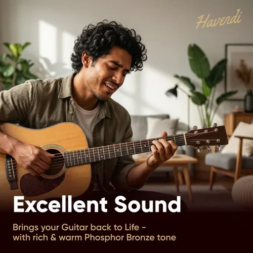 Vista 2 de HAVENDI® Cuerdas de guitarra I Cuerdas de guitarra acústica con revestimiento de bronce fosforoso I Calidad de sonido brillante I Incluye 3 púas
