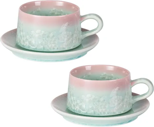 Vista 10 de Juego de 2 tazas de té y platillos KAMMAK, tazas de café de porcelana, 7.5oz tazas de expreso con esmalte cristalino, tazas de cerámica demitaza