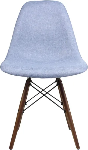 Vista 4 de Mid-Century - Silla de comedor lateral tapizada de tela tejida moderna con patas Eiffel de madera de nogal oscuro, juego de 2 (azul dinim)