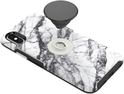 Vista 4 de Otter + Pop - Funda para iPhone X y XS: OtterBox Symmetry Series con PopTop intercambiable de PopSockets - mármol blanco y negro aluminio