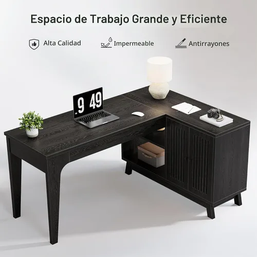 Vista 8 de Tribesigns Escritorio en forma de L con armario de almacenamiento, estación de trabajo esquinera de madera de 57 pulgadas, escritorio para Negro