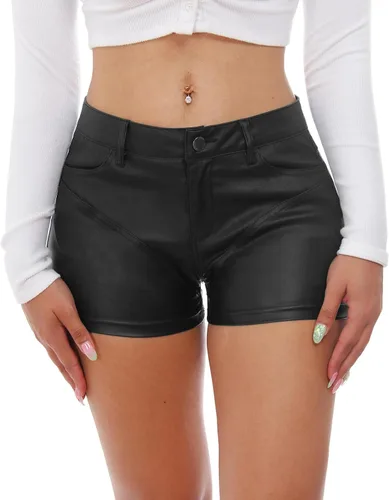Vista 4 de RAMISU Pantalones cortos de mezclilla ajustados y elásticos para mujer, con aspecto de cuero, con bolsillos