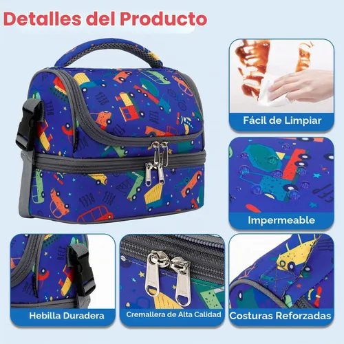 Vista 5 de FlowFly Bolsa de almuerzo aislada de dos pisos para niños, niñas, hombres, mujeres, con correa ajustable, para automóvil