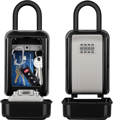 Vista 8 de HUANLANG Caja de seguridad para llaves para exterior, caja de bloqueo de llave de repuesto para manija de puerta, impermeable, 4 dígitos, código