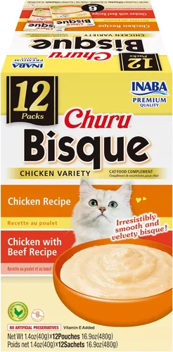 Vista 12 de INABA Churu Bisque para gatos mayores de 10 años, Puré cremoso en sobre, 1.4 onzas por sobre, 12 sobres en total, Receta de atún con salmón