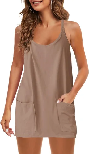 Vista 7 de Nirovien - Vestido deportivo para mujer, minivestido de entrenamiento con pantalones cortos, sin mangas, con tirantes delgados, ideal para golf