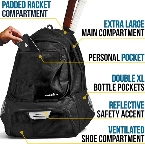 Vista 4 de Athletico Mochila de tenis Premier – Bolsa de tenis con capacidad para 2 raquetas en compartimento acolchado Compartimento ventilado separado