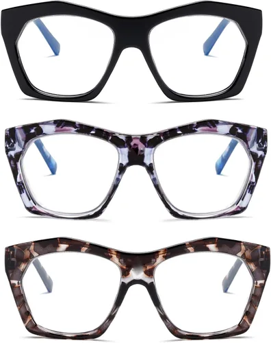 Vista 10 de Viseng Paquete de 3 anteojos de lectura para mujer, diseño de marco, de gran tamaño, bloqueo de luz azul, lector de computadora +0.0 B/3 pares