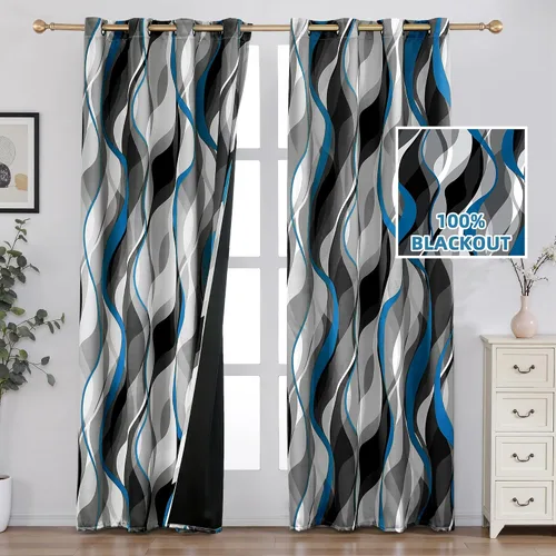 Vista 2 de weesire - Cortinas opacas azules y grises modernas con rayas decorativas, 100% bloqueo de luz, oscurecimiento con ojales, cortina azul para sala
