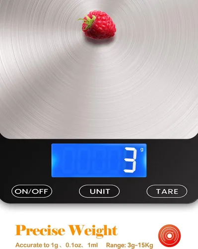 Vista 4 de Báscula digital de cocina de 33 libras para alimentos, onzas, recargable, acero inoxidable 304, baterías y carga tipo C, perfecta para preparar