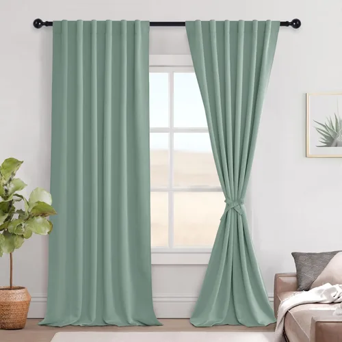 Vista 39 de Hiasan Cortinas opacas negras para dormitorio, cortinas opacas cortas de 45 pulgadas de largo, con aislamiento térmico, bolsillo para barra