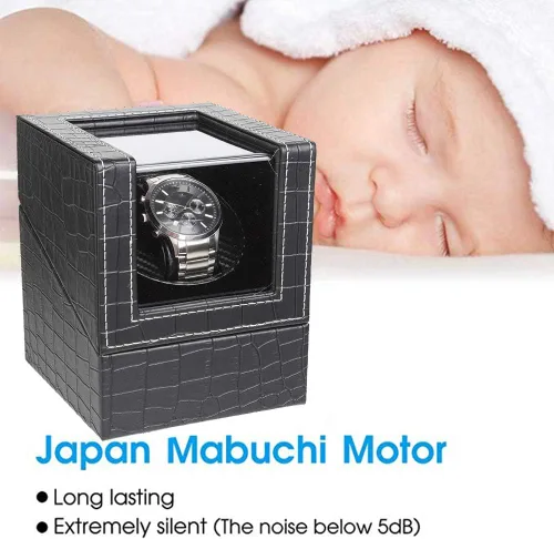 Vista 2 de Bobinadora automática de un solo reloj, en carcasa de madera y cuero negrocuero de fibra de carbono, motor japonés
