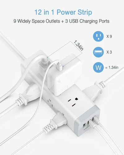 Vista 4 de TESSAN Cable de extensión largo de enchufe plano de 15 pies, regleta protectora de sobretensiones con 9 tomas, 3 puertos USB, estación de carga
