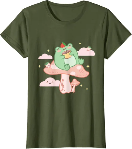 Vista 64 de Kawaii Strawberry Frog On Mushroom - Camiseta de manga corta de anime, Azul / Patchwork, S Azul Pastel