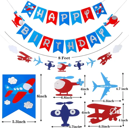 Vista 6 de Cartel de cumpleaños de avión y decoración de guirnalda para aviador, aviación, fiesta temática de cumpleaños, pancarta de fieltro con purpurina