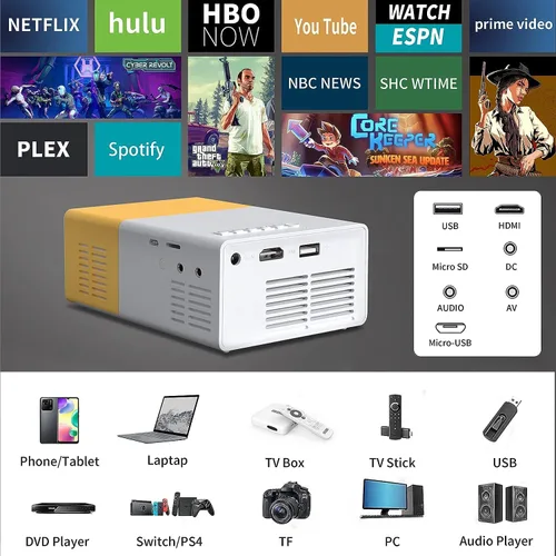 Vista 5 de Mini proyectores de video 720P proyector de película, proyección de pantalla de 24 a 60 pulgadas, proyector LED amigable con los ojos para cine