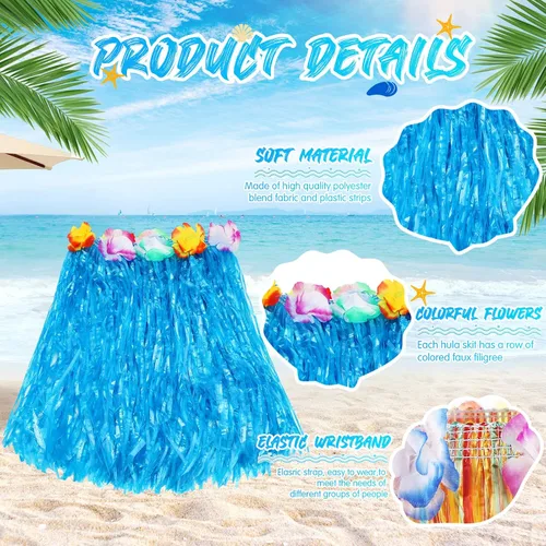 Vista 4 de Paquete de 10 accesorios de disfraz de falda hula hawaiana, faldas de hierba hawaiana para fiesta Luau, diadema hawaiana, flores, collar, pulseras
