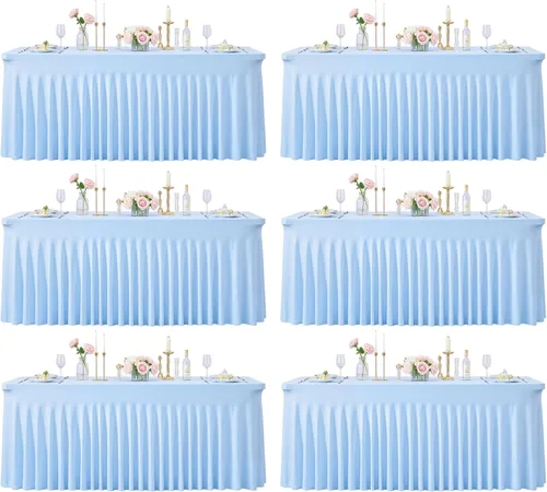 Vista 27 de Manteles de mesa de elastano azul bebé de 6 pies para mesas rectangulares, sin arrugas, rectangular, elástico, ajustable de 6 pies con falda