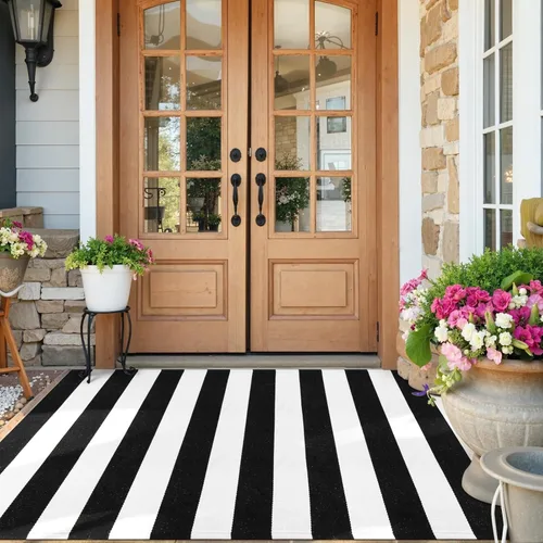 Vista 13 de KIMODE - Alfombra de algodón tejida con diseño a rayas en color negro, para puerta de entrada, cocina, decoración de estilo rústico