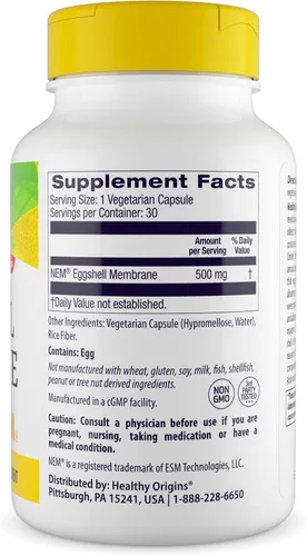 Vista 2 de Healthy Origins Membrana de cáscara de huevo NEM de 500 mg, 30 cápsulas vegetarianas, estudiadas clínicamente, de origen estadounidense, suplemento