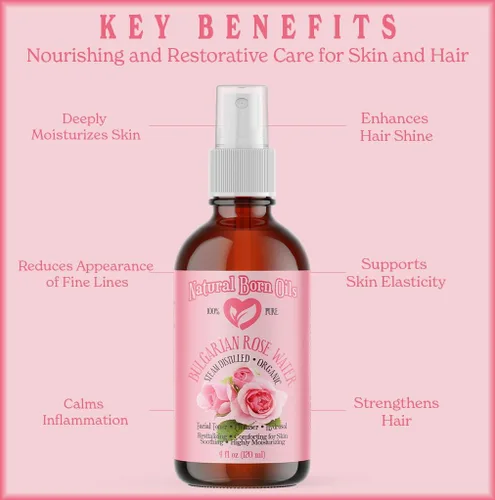Vista 5 de Natural Born Oils Hidrosol de agua de rosas de 4 onzas, 100% pura y natural, orgánico, destilado al vapor, limpiador de tóner facial