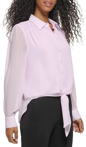 Vista 2 de Calvin Klein Blusa de gasa de poliéster con hombros fruncidos para mujer