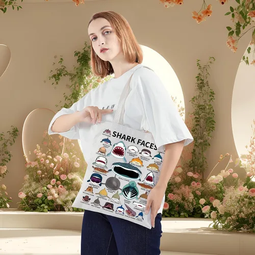 Vista 3 de BWWKTOP Bolsa de lona con cara de tiburón, regalo para amantes de los tiburones, bolsas reutilizables para comestibles