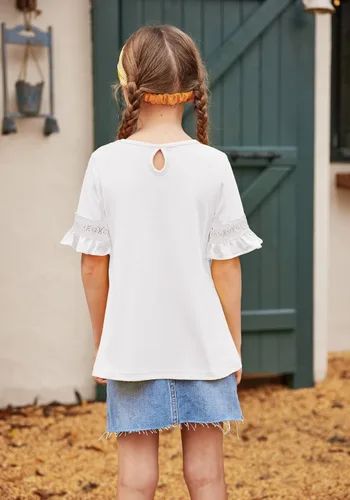Vista 4 de Arshiner Camiseta para niñas, túnica casual de encaje, manga corta, holgada, suave