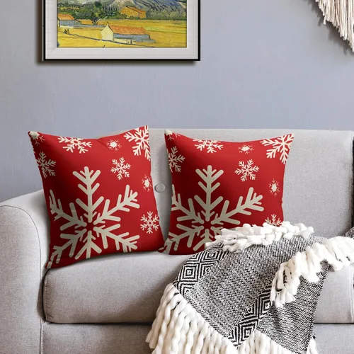 Vista 3 de Juego de 2 fundas de almohada de Navidad de 16 x 16 pulgadas, diseño de copos de nieve rojos rústicos rojos con temática de invierno, almohadas
