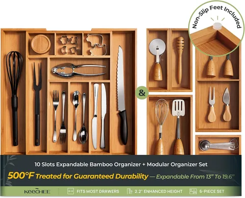 Vista 11 de keechee Organizador grande de bambú carbonizado para cajones de cocina, organizador de cubiertos expandible con 12 ranuras, soporte para utensilios