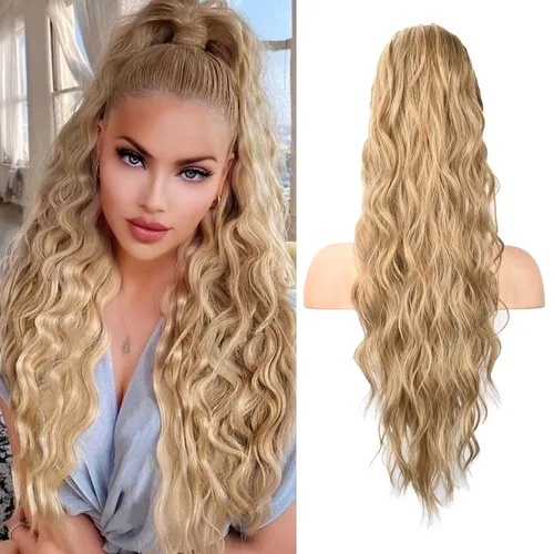 Vista 13 de HOOJIH Extensión de cola de caballo, extensiones de cabello con cordón para cola de caballo de 26 pulgadas de largo, pelo rizado y ondulado natural
