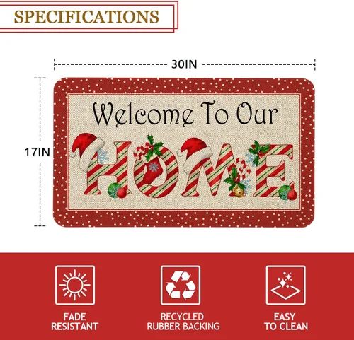 Vista 3 de Mloabuc Tapete de Bienvenida Feliz Navidad 17 x 30 pulgadas Interior/Exterior Invierno Vacaciones Decorativo Estacional Arpillera Tapete